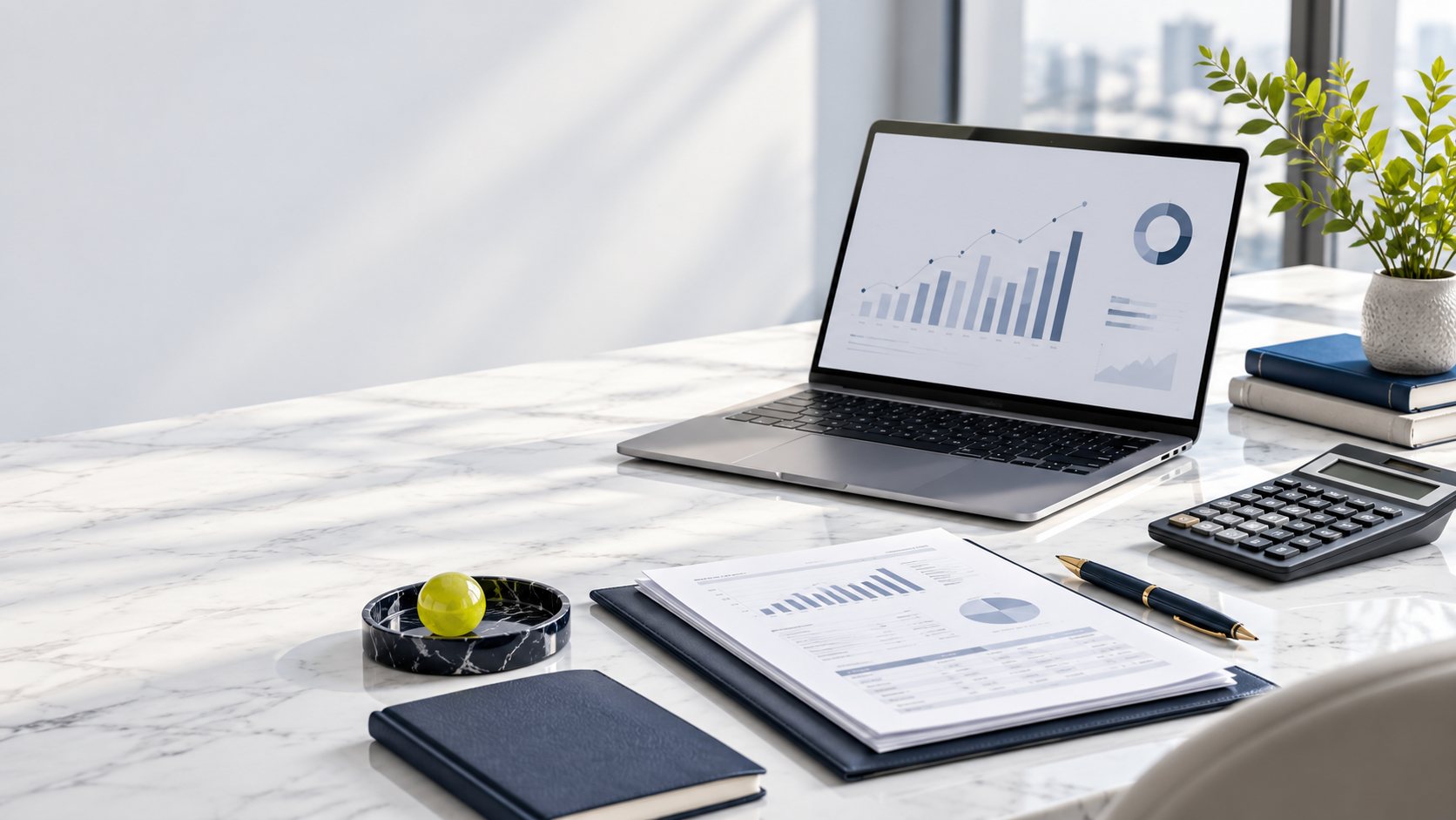 An organized accounting workspace with financial reports and a laptop